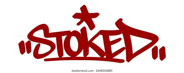 Excitante tag graffiti vermelho "Stoked" com estilo gotejamento energético e fundo transparente. Gíria para sentir-se bombeado, emocionado ou exagerado.
