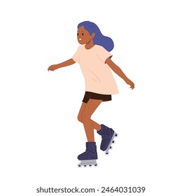 Excited rollerblading girl child cartoon character enjoying active leisure outdoor activity
