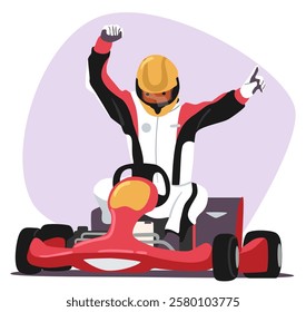 Excited satisfied kart racer character gesturing win and success hand sign due to finishing race vector illustration. Extreme auto racing, speed driving championship and motorsport contest participant