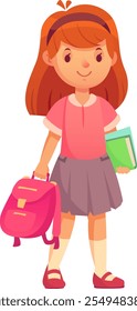 Excited schoolgirl with pink backpack and book, ready to learn and grow in knowledge. Smiling brightly in uniform with red hair, skirt, shoes, socks, and headband