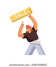 Excited seller pointing with finger at sale signboard. Vendor advertising, announce discounts in store. Girl showing with hands at price off for shopping. Flat isolated vector illustration on white