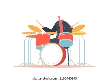 Excited Senior Drummer Playing Hard Rock Music With Sticks On Drum Kit. Old Musician Character Perform On Stage With Percussion Instrument. Music Show Entertainment. Cartoon People Vector Illustration