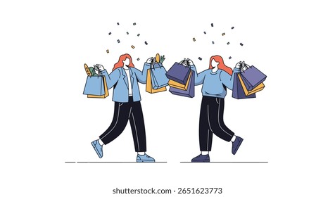 Excited shoppers enjoy a fun shopping spree with many bags and confetti falling down around them