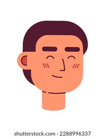 Hombre de pelo corto excitado con los ojos cerrados cabeza de carácter vector semiplana. Estilo de caricatura editable enfrenta emoción. Un simple icono de avatar colorido. Ilustración puntual para diseño gráfico web y animación