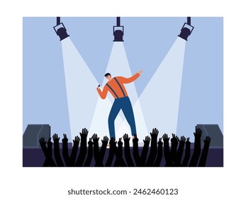 Excited singer at a concert with many spectators, vector illustration.