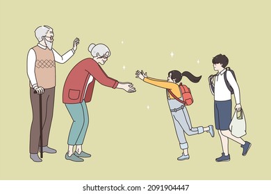 Excited small kids visit elderly grandparents. Happy mature grandmother and grandfather meet happy little grandchildren. Family bonding and reunion. Older and younger generation. Vector illustration. 