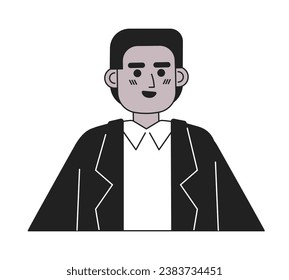 Excited smiling black man in suit black and white 2D cartoon character. African american young guy in formal clothing isolated vector outline person. Mood happy monochromatic flat spot illustration