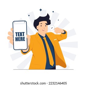 Excited Smiling businessman holding mobile smart phone standing while pointing and showing thumbs up positive gesture, Ok sign concept illustration