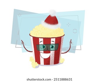 Excited smiling popcorn in sunglasses. Christmas comedy movie, junk food, dating. Can be used for topics like cinematography, holiday, pop culture