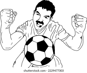 Excited sports fan celebrating soccer team victory sketch drawing vector illustration, soccer fan clip art, happy guy with soccer ball rooting for his favourite football team 