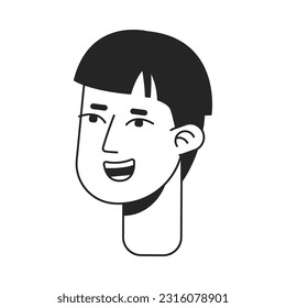 Entusiasmado estudiante con la cabeza monocroma de corte de pelo monocromo de carácter lineal. Tazón cortada. Icono de la cara humana dibujado a mano de esquema modificable. Ilustración de avatar de vector spot de caricatura 2D para animación