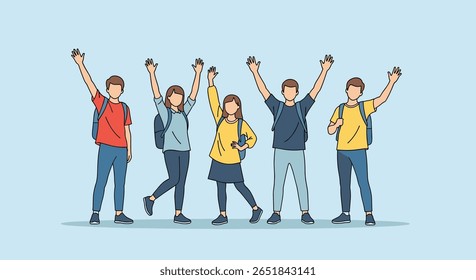 Estudantes empolgados comemorando o sucesso com armas erguidas em grupo Foto sobre um fundo azul brilhante representando realizações e trabalho em equipe
