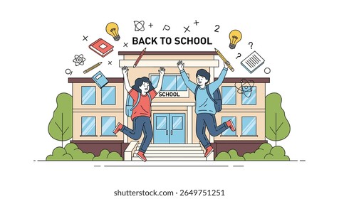 Excited students celebrating their return to school jumping with joy in front of the school building illustration