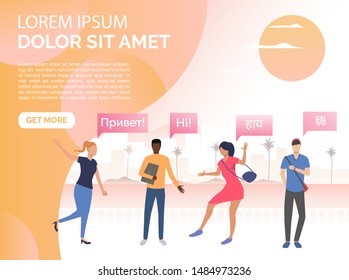 Excited students connecting with foreign speakers in frame. Male and female cartoon characters speaking different languages. Vector illustration for presentation, poster, website