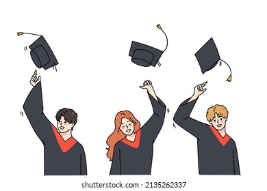 Excited students in mantles throw caps in air overjoyed with college or university graduation. Smiling graduates celebrate school finish. Education and success. Vector illustration. 