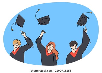 Excited students in mantles throw caps in air overjoyed with college or university graduation. Smiling graduates celebrate school finish. Education and success. Vector illustration.