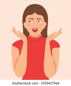 La mujer sorprende sostiene las mejillas a mano aisladas sobre el fondo. Sorpresa De Una Mujer Emocionante Mantiene Las Mejillas Por Ilustración Del Vector De Mano. Personaje de caricatura sonriente Manos en mejillas. Sorprendida chica linda