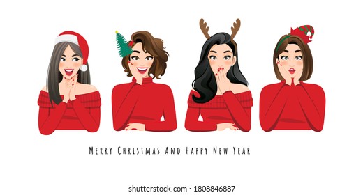 Excited surprised woman in red sweater dress, Santa Claus hat and headband on the white background cartoon character design vector