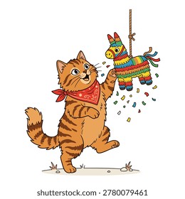 Excited tabby cat wearing red bandana breaks a colorful donkey piñata, releasing festive confetti, lively cartoon.