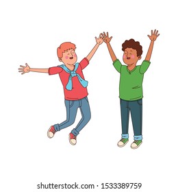 excited teen boys jumping icon over white background, vector illustration