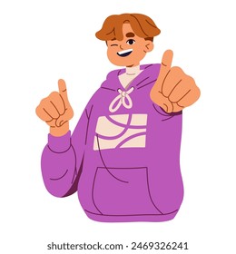 Excited teen points at you with index fingers. Happy teenager shows forward with hands. Funny boy gestures, winks. Child chooses, makes decision. Flat isolated vector illustration on white background