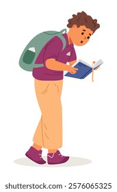 Excited teenage boy with backpack walking and reading a book flat vector illustration isolated on white.