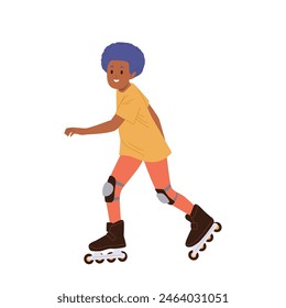 Excited teenage boy cartoon character enjoying speed riding roller skates outdoors isolated on white