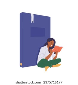 Excited teenager girl cartoon character reading book with admiration enjoying useful hobby