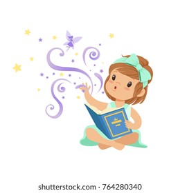 Excited toddler girl sitting with open magic book and stretching her hand to fairy. Cartoon kid character with great imagination. Isolated flat vector
