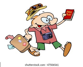 An excited toon guy running with his luggage and passport, going on a holiday