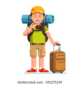 Excited tourist man standing with his luggage, wheeled boarding spinner & rucksack. Hiker in baseball cap taking photos with camera. Flat style modern vector illustration isolated on white background.