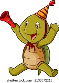 The excited turtle is wearing the birthday hat of illustration
