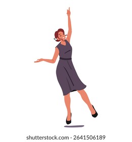 Excited unmarried young woman cartoon character in festive dress jumping for bridal bouquet isolated on white. Beautiful lady trying her luck during wedding ceremonial ritual vector illustration