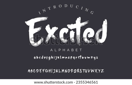Excited vector brush style font, alphabet, typeface, typography. Global swatches.