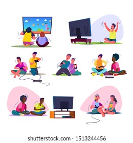 Excited video gamers set. Teenagers playing videogames, sitting at TV, using console, controller, gamepad, shouting. People concept. Vector illustration posters, presentation slides, web design