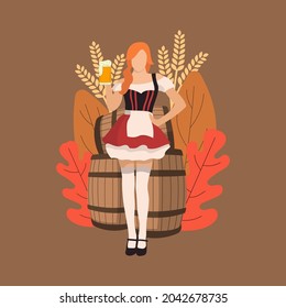 Excited waitress in traditional german costume holding beer glass on Oktoberfest vector illustration