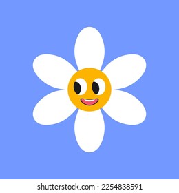 Excited white chamomile character looking away on blue background. Daisy with cute face cartoon illustration. Flowers, greeting concept