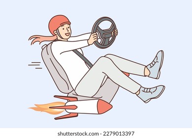 Excited woman in car seat driving fast have rockets under chair. Smiling female driver enjoy speed racing. Automobiles with turbo regime. Vector illustration. 