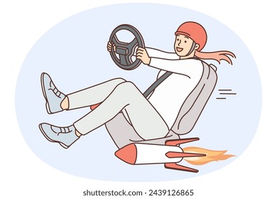 Excited woman in car seat driving fast have rockets under chair. Smiling female driver enjoy speed racing. Automobiles with turbo regime. Vector illustration.
