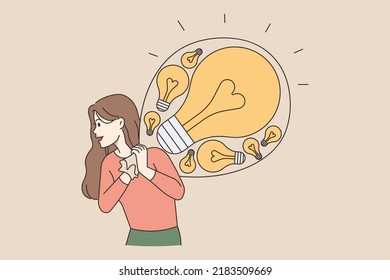 Excited woman carry bad full of lightbulbs. Smiling confident female employee with creative innovative business ideas. Vector illustration. 