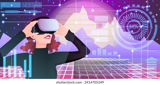 Excited woman in casual clothes wearing VR goggle watching at virtual reality world space hologram, digital interface, network technology, abstract cyberspace, futuristic science. Vector illustration