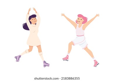 Excited Woman Character Dancing on Roller Skates Vector Illustration Set