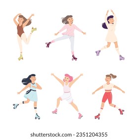 Excited Woman Character Dancing on Roller Skates Vector Illustration Set