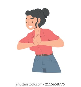 Excited Woman Character Looking at Someone Putting Her Hands Together Demonstrating Attention Vector Illustration