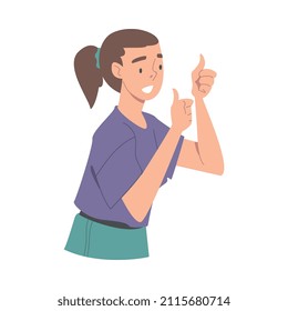 Excited Woman Character Looking at Someone Showing Thumb Up Demonstrating Attention Vector Illustration