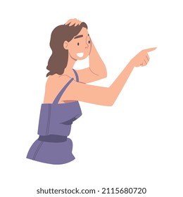 Excited Woman Character Looking at Someone Pointing Finger Demonstrating Attention Vector Illustration