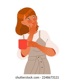 Excited Woman Character with Mug in Her Hand Looking at Someone Demonstrating Attention Vector Illustration
