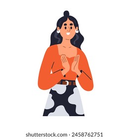 Excited woman clapping hands, applause and support. Happy smiling female applauding, appreciating, congratulating with gratitude gesture. Flat vector illustration isolated on white background