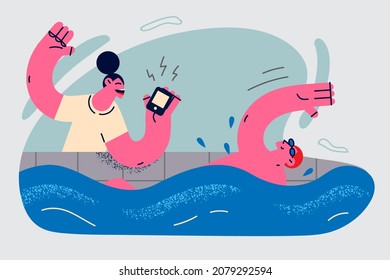 Excited woman coach or trainer check time of male sportsman swimming in pool. Happy female trainer exercise get ready for sport competition. Training, active lifestyle. Vector illustration. 