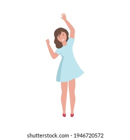 Excited Woman With Dark Hair Standing Up With Hands Cheering About Something Vector Illustration